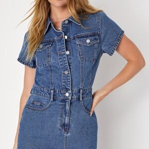 Lulus Ready To Charm Medium Wash Short Sleeve Denim Mini Dress Blue - Size XS